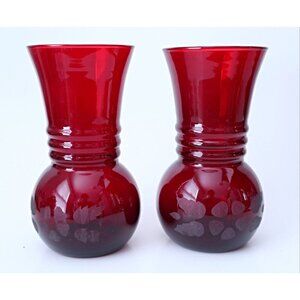2 Vintage Royal Ruby Vases Etched Charm Anchor Hocking Vase 1940's